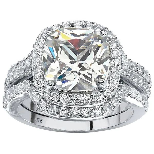 PalmBeach Jewelry 4.26 TCW Cushion Cubic Zirconia Three-Piece Halo Bridal Ring Set in Platinum Over Sterling Silver