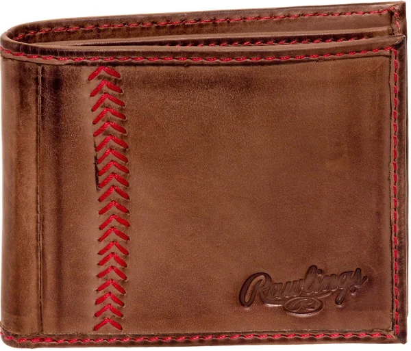 Rawlings Mens Tanned-Leather Baseball Stitch Embroidered Wallet - Dark Brown, 3.9" x 3.6 x 1"
