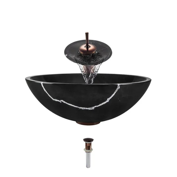 Mr Direct 851 Marble Granite Vessel Sink Ensemble with Oil-Rubbed Bronze Finish Waterfall Faucet, Pop-Up Drain, and Sink Ring