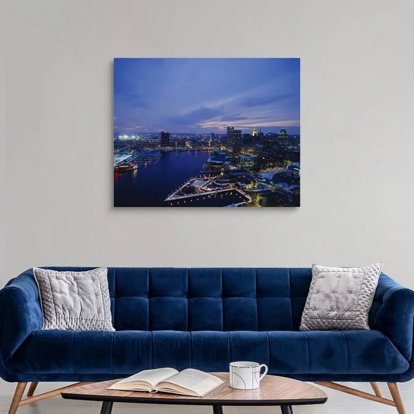 High Angle View of A City Lit Up at Dusk, Baltimore, Maryland, Canvas Wall Art, 45x36, Great Big Canvas