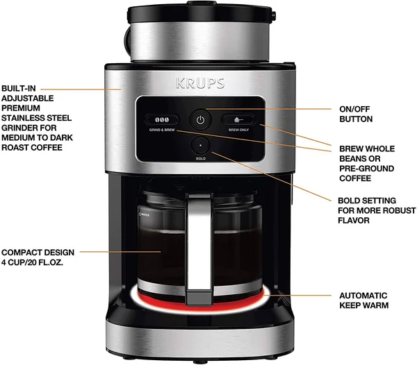 Krups Km550d50 Personal Café Grind Drip Coffee Maker - 4 Cups, Silver