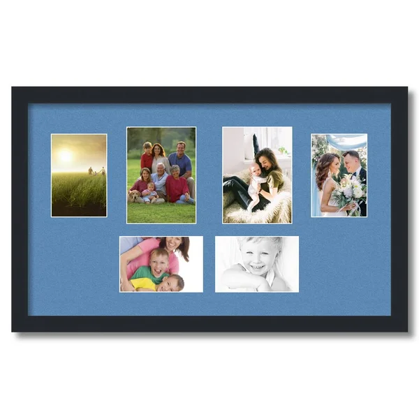 Collage Picture Frame, Satin Black Frame with 6 openings for 5x7 Photos with Liberty Blue Mat. D3926FG1104, ArtToFrames