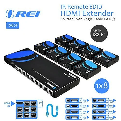 OREI HD18-EX132-K 1x8 HDMI Extender Splitter Over Single Cable CAT6/7 1080p with IR Remote EDID Management - Up to 132 ft - Loop