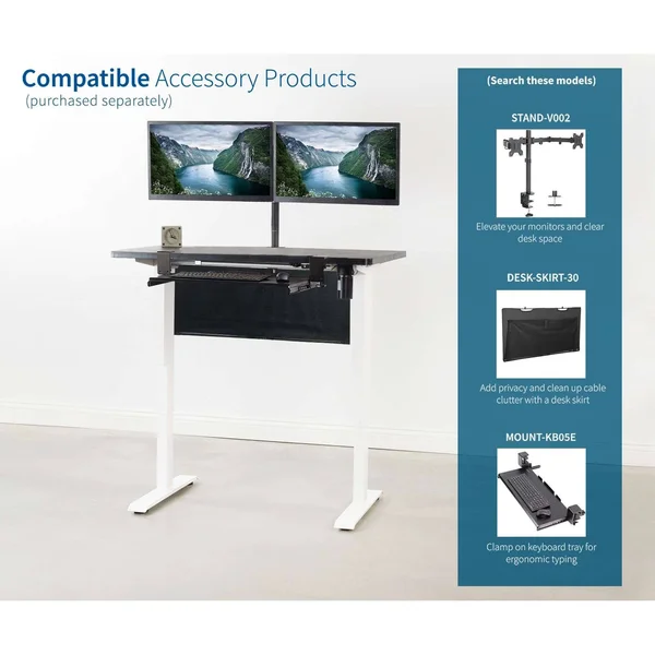 Vivo Electric 43” x 24” Stand Up Desk Workstation - Black Table Top, White Frame