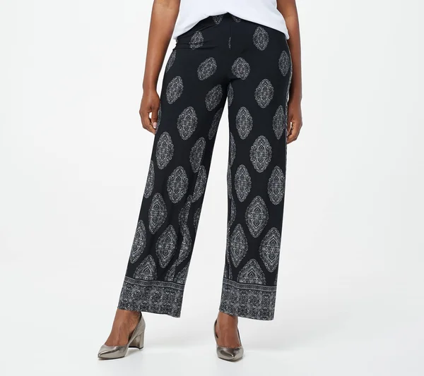 Susan Graver Regular Printed Liquid Knit Wide Leg Pants - Size Small, Black/Grey