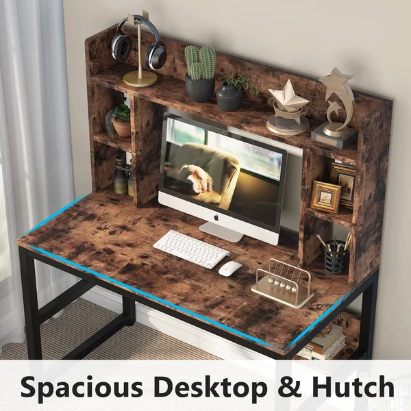 Computer Desk with Storage Shelves, 47 inch Modern Study Writing Desk with Hutch - Vintage Brown