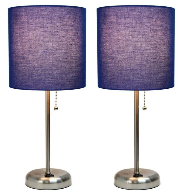 Limelights Brushed Steel Stick Lamp with Charging Outlet and Fabric Shade 2 Pack Set, Navy