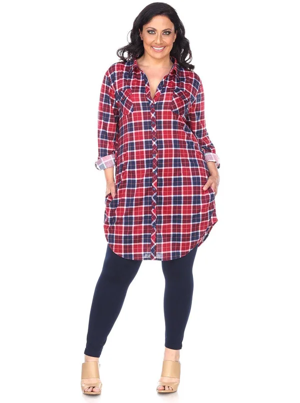 White Mark Plus Piper Stretchy Plaid Tunic - 1x - Burgundy B