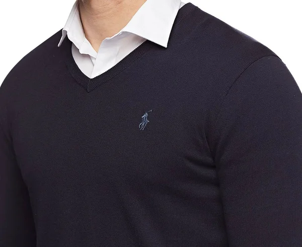 Polo Ralph Lauren Mens Pima Cotton V-Neck Sweater (Large, Navy Blue)