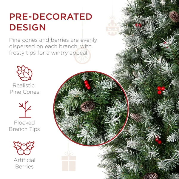 Best Choice Products 6ft Pre-Decorated Partially Flocked Holiday Christmas Pencil Tree w/ 618 Tips - Base
