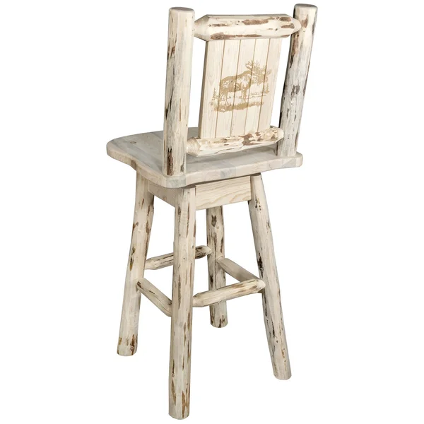 Montana Collection Barstool w/ Back & Swivel w/ Laser Engraved Moose Design, Clear Lacquer Finish