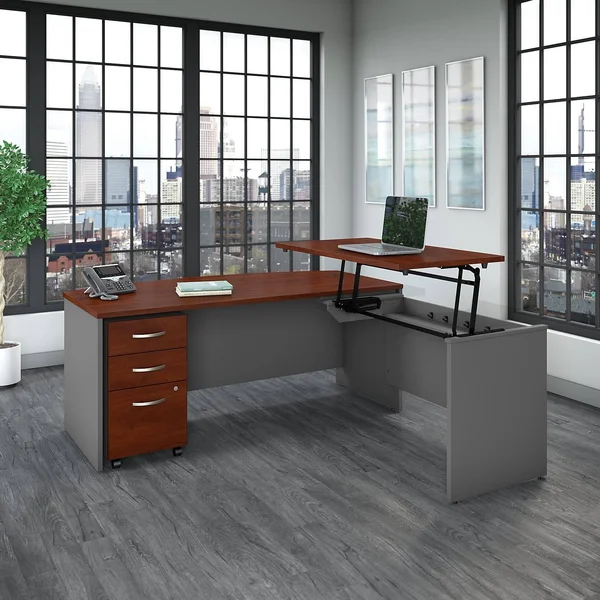 Bush Business Furniture Series C 72w 3 Position Bow Front Sit to Stand L Shaped Desk with File Cabinet - Hansen Cherry/Graphite G