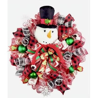 Snowman with Top Hat Christmas 20x22 Deco Mesh Wreath The Holiday Aisle
