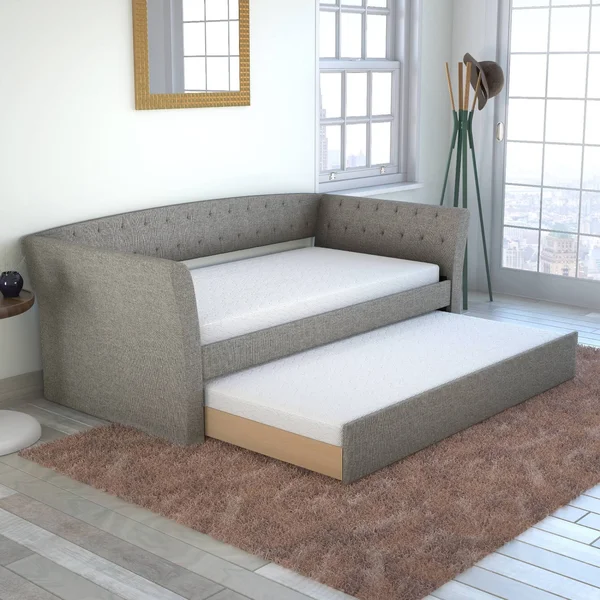 Twin Olivia Linen Tufted Day Bed and Roll Out Trundle Frame Set Gray - Eco Dream