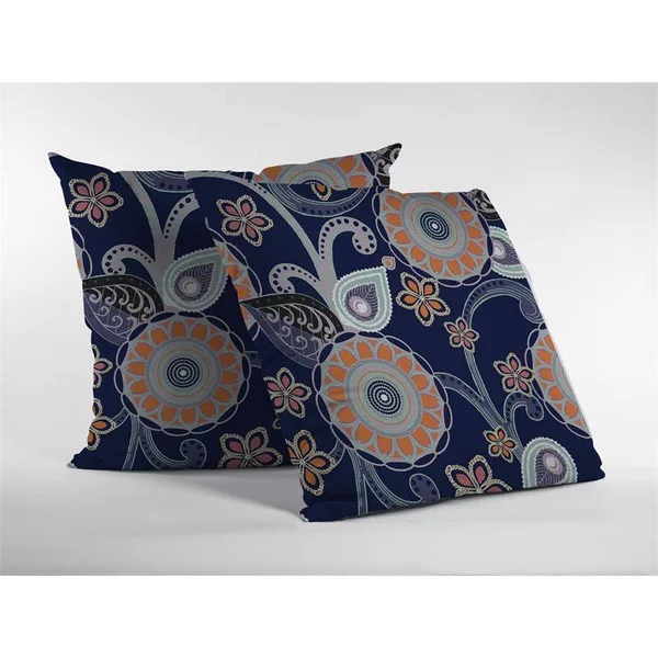 Flower Circles Suede Pillow Orange Light Green Gray on Indigo 20x22