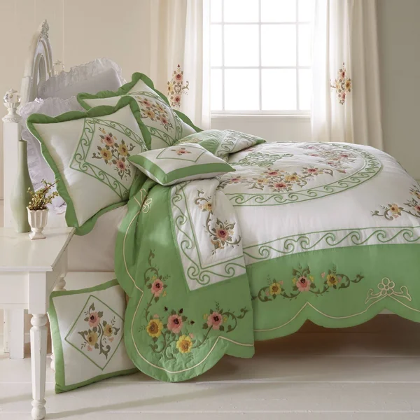Ava Oversized Embroidered Cotton Quilt by BrylaneHome in Green (Size FL/QUE)