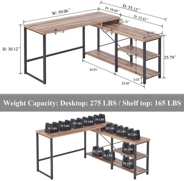 Bon Augure L Shaped Desk with Shelves, Reversible Corner Computer Desk, Rustic W