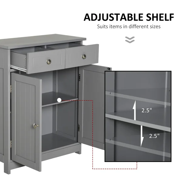 Kleankin Freestanding Bathroom Storage Cabinet Organizer Floor Tower with 2 DOOR - 2 Drawers, Adjustable Shelf, Grey