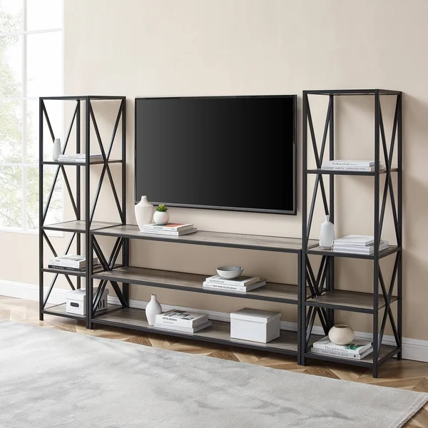Carbon Loft Hattie 3-Piece X-Frame Entertainment Wall - Rustic Oak - Black Metal