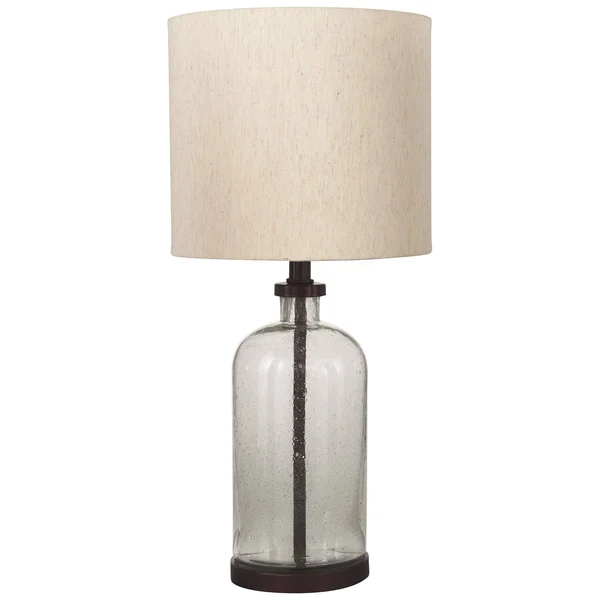 Benjara Cylindrical Seeded Glass Table Lamp with Fabric Drum Shade, Beige and Clear