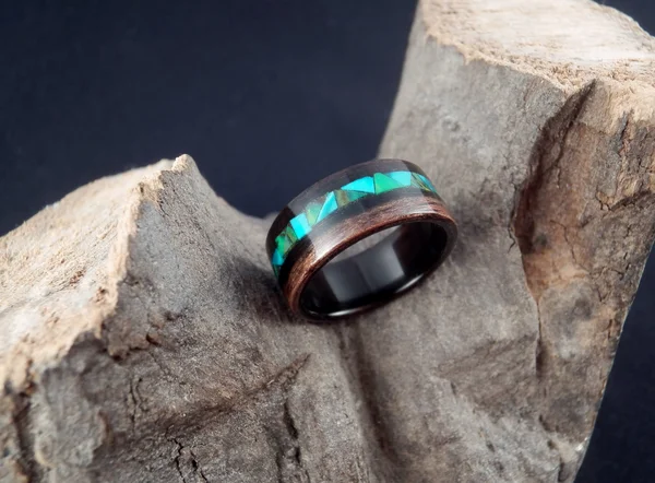 Bentwood Macassar Ebony Wooden Ring with Green - Emerald Mosaic Style Inlay - Men's Wood Ring, Women's Wood Ring, Green Inlay