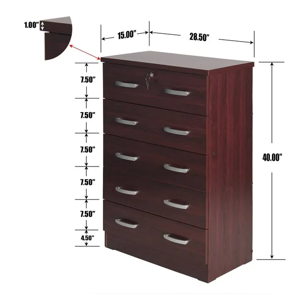 Better Home Products Cindy 5 Drawer Chest Wooden Dresser with Lock in Mahogany
