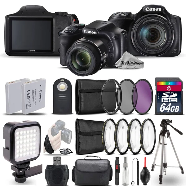 Canon PowerShot Sx540 HS Digital Camera+ LED + 7pc Filter + EXT Bat - 64GB Kit - Black