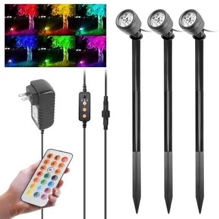 Dodocool 3 Pack Spotlights RGB Color Changing LED Flood Lights Spot Lights 4 LED Stake Lights with Remote Outdoor Waterproof for