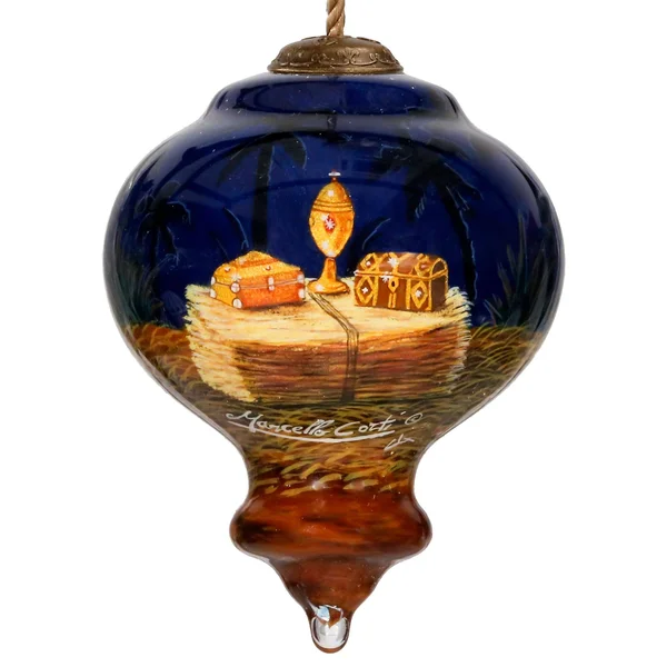 3.75x22 Away in A Manger Religious Christmas Gem Shaped Glass Ornament