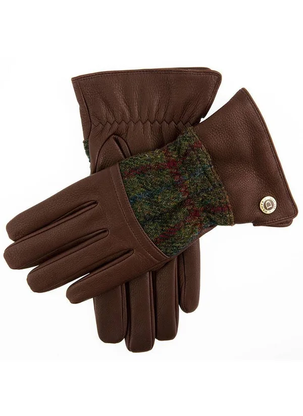 Dents Men's Cashmere Lined Harris Tweed & Deerskin Leather Gloves in Havana/olive/pine Size XL