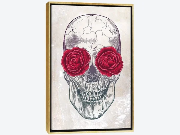 Framed Canvas Art (Gold Floating Frame) - Skull & Roses by Rachel Caldwell ( fantasy - Horror & sci-fi > Horror >