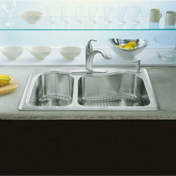 Kohler K-3361-4-NA Stainless Steel Staccato 33 inch x 22 inch Top-Mount large/medium Double-Bowl Kitchen Sink with 4 Faucet Hole