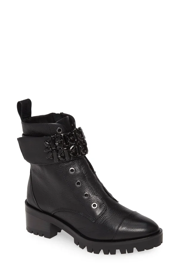 Karl Lagerfeld Pippa Crystal Embellished Platform Boot Black Leather