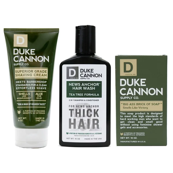 Duke Cannon Mens Grooming Bundle: Superior Grade Shaving Cream - Smells Like Victory Soap Bar, Hard-Working 2-in-1 Hair Wash