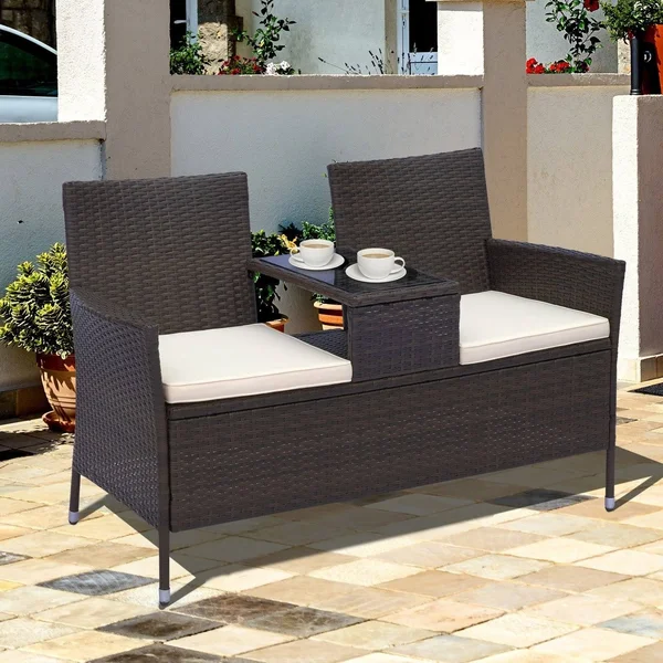 Outsunny 2 Seat Rattan Wicker Padded Chair Bench with Tea Table - Brown
