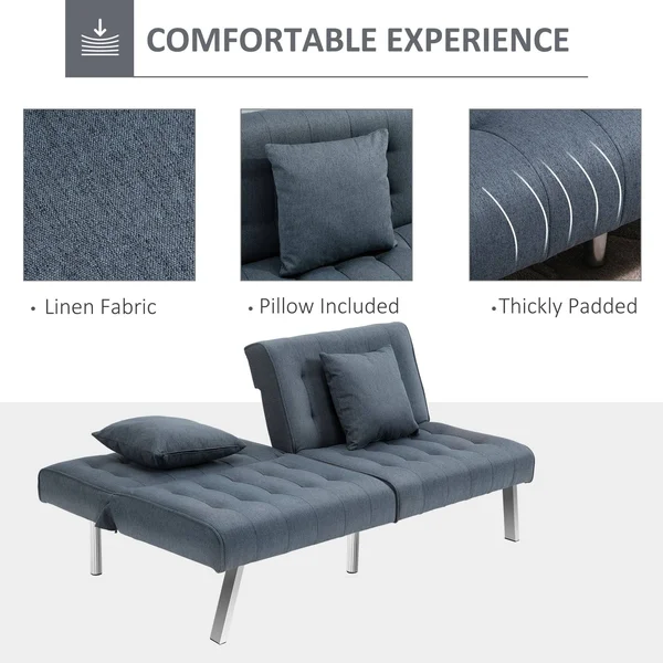 HOMCOM 2-Seater Convertible Sofa Bed with 7 Adjustable Angled Backrest Levels, 2 Pillows, and 5 Steel Legs - Grey