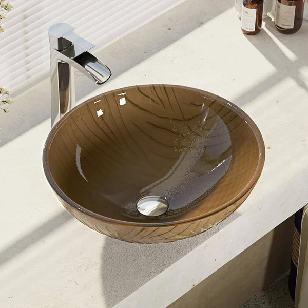 Rene R5-5025-R9-7007 16-5/8x22 Glass Vessel Bathroom Sink with Vessel Faucet Sink Beach Sand - Chrome