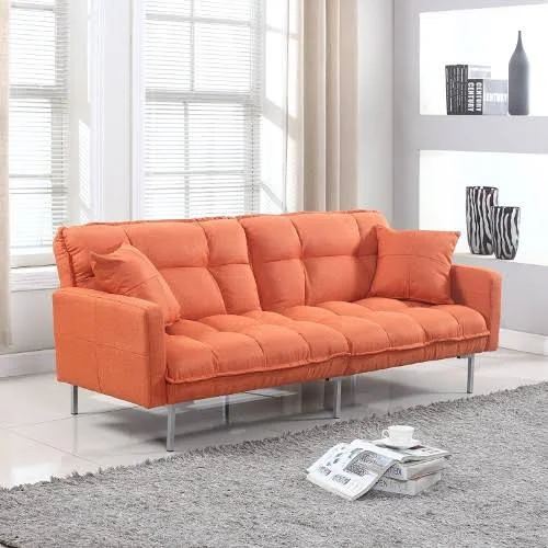 Modern Plush Tufted Linen Fabric Splitback Living Room Sleeper Futon (Orange)