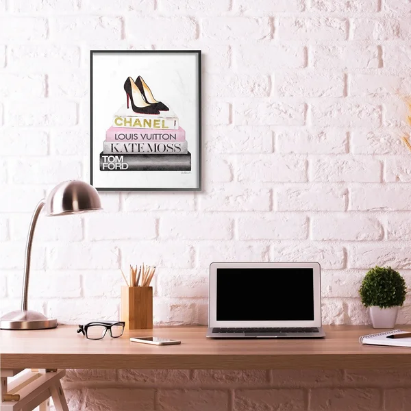 Stupell Industries Fashion Designer Shoes Bookstack Pink Black Watercolor Framed Wall Art by Amanda Greenwood - Size: 24 x 30