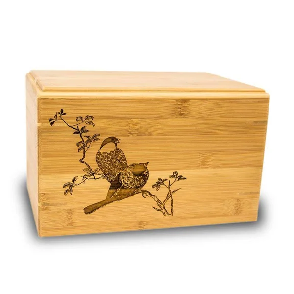 Oneworld Memorials Bamboo Box Cremation Urn - Large 200 Pounds - Natural Brown Spring Birds
