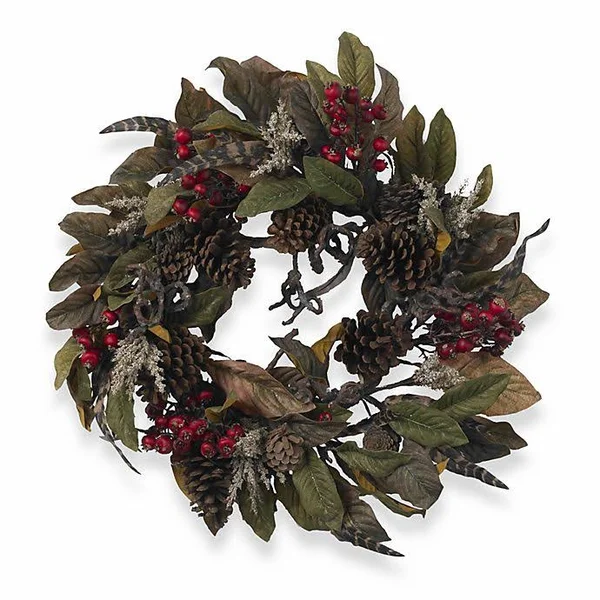 Nearly Natural 24 inch Pinecone, Berry & Feather Wreath, Green