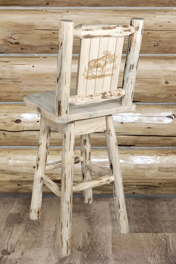 Montana Collection Barstool w/ Back & Swivel w/ Laser Engraved Moose Design, Clear Lacquer Finish