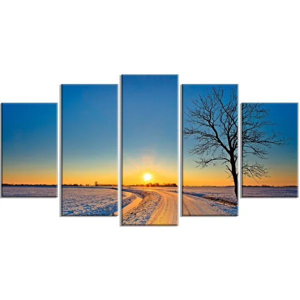 Design Art Distant Sunset in Winter - Landscape Photography Canvas Print - Yellow, 60 in. Wide x 32 in. High - 5 Panels Diamond