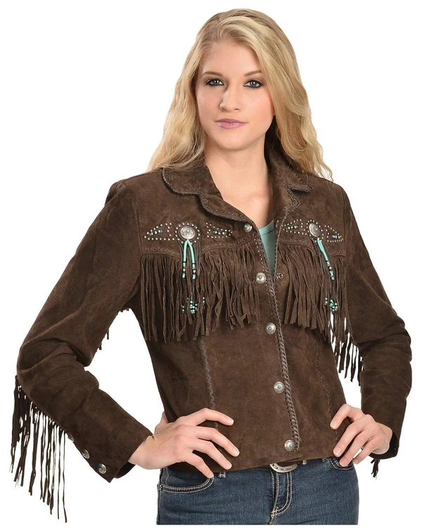 Scully Leather Womens Beaded Fringe Boar Suede Jacket Chocolate