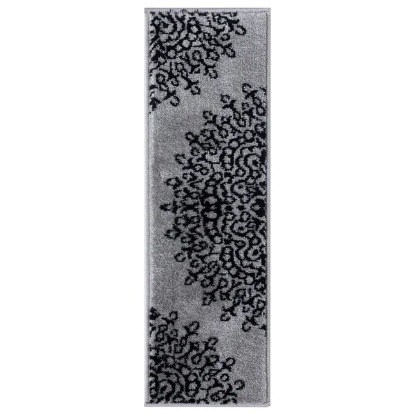 Beverly Rug Indoor Non Slip Carpet Stair Treads w/ Installed Tape 9x22x28x22 Medallion Dark Grey, Black - Set of 7