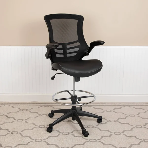 Emma and Oliver Mid-Back Black Mesh/LeatherSoft Ergonomic Drafting Chair with Flip-Up Arms