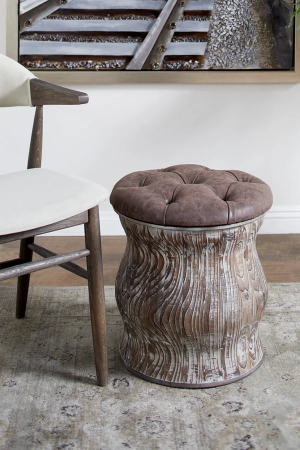 Rustic Wood & Brown Faux Leather Round Ottoman with Storage