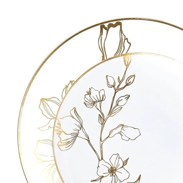120 Dinner Plates + 120 Salad Plates, White with Gold Antique Floral Round Disposable Plastic Dinnerware Value Set