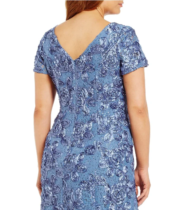 Alex Evenings Plus Size Floral Rosette Short Sleeve A-Line Gown - 16W