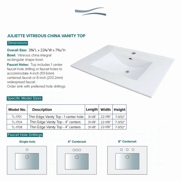 Transolid Tl-1708-01 Juliette 31-in Vitreous China Vanity Top with Integrated Sink - White